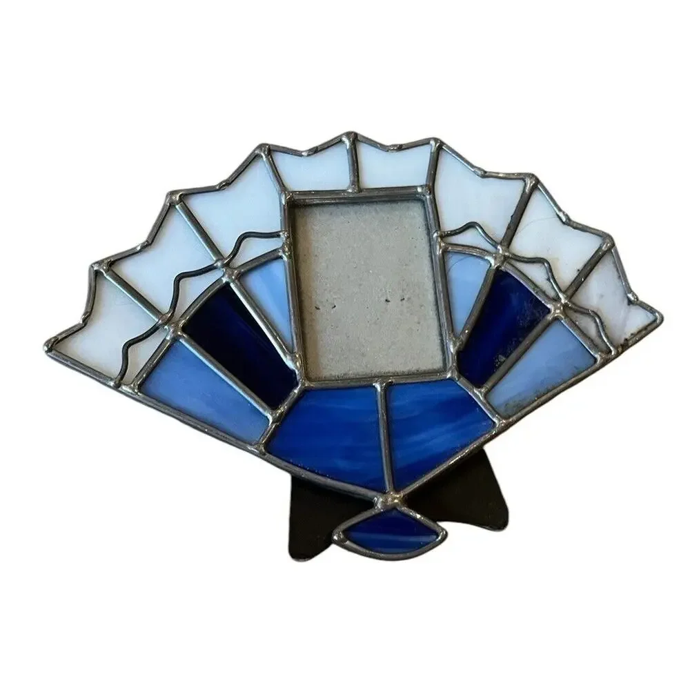 STAINED GLASS BLUE WHITE FAN SHAPE PICTURE FRAME 6